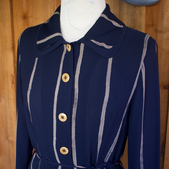 Catherine Bacon 100% Silk Blue & White Stripe Double Collar High Low Blouse XS - Picture 6 of 17
